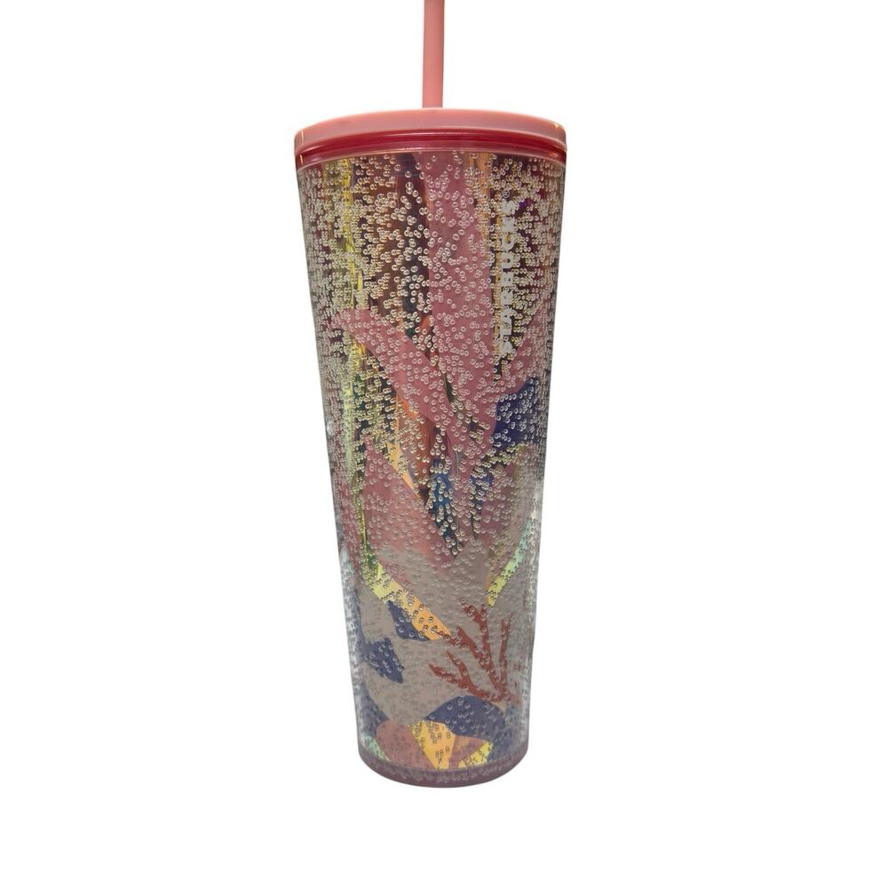 Starbucks 2020 Glitter Confetti Tumbler 24oz Pink Straw Cup Tropical